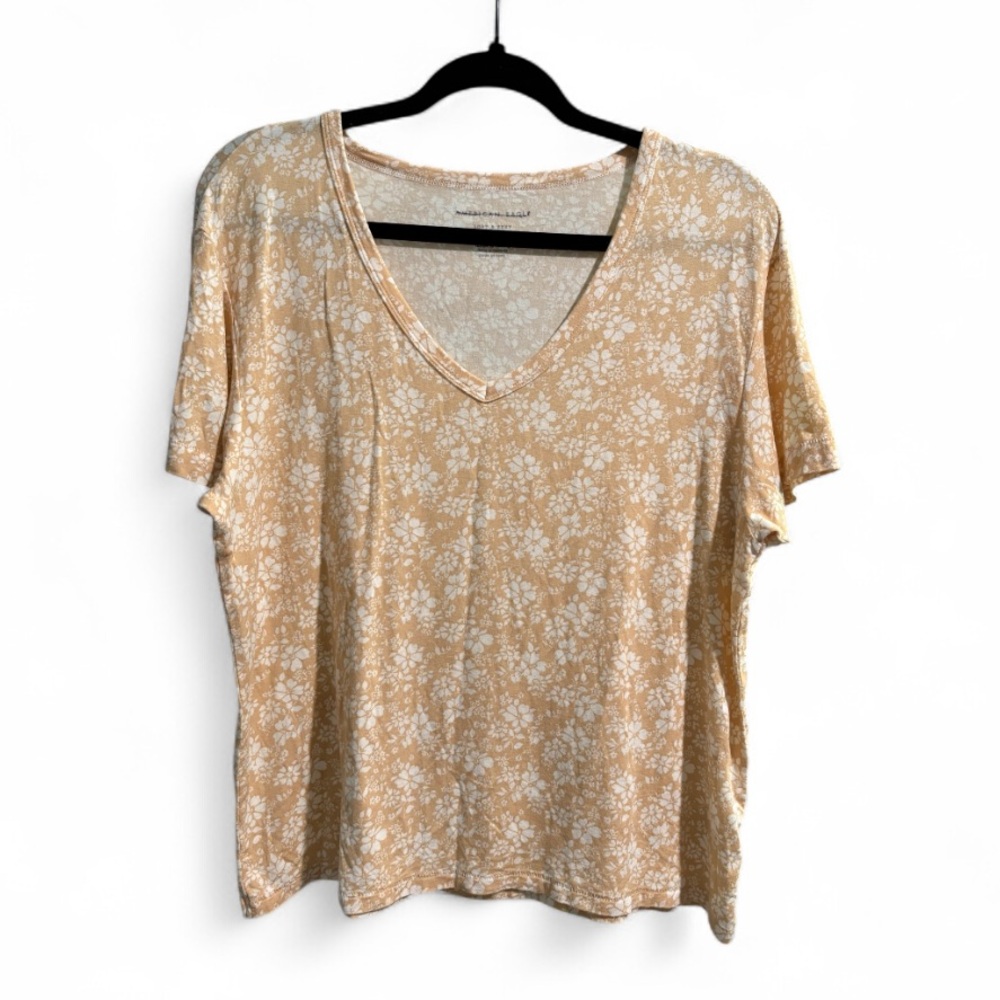 American Eagle Soft & Sexy Floral V-Neck T-Shirt Small Peach Tan Boho Tee